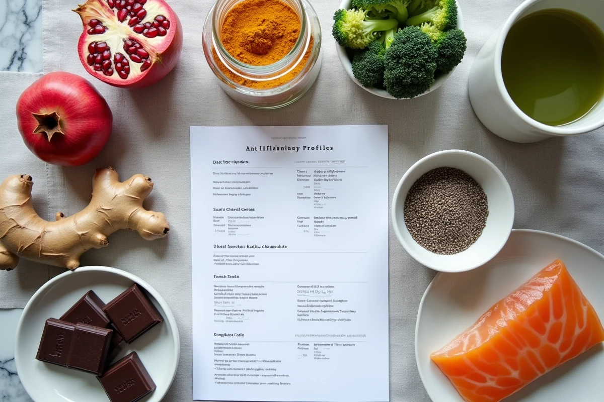 Vue aérienne d'une sélection d'aliments anti-inflammatoires avec grenade, gingembre, graines de chia et fiche nutritionnelle personnalisée