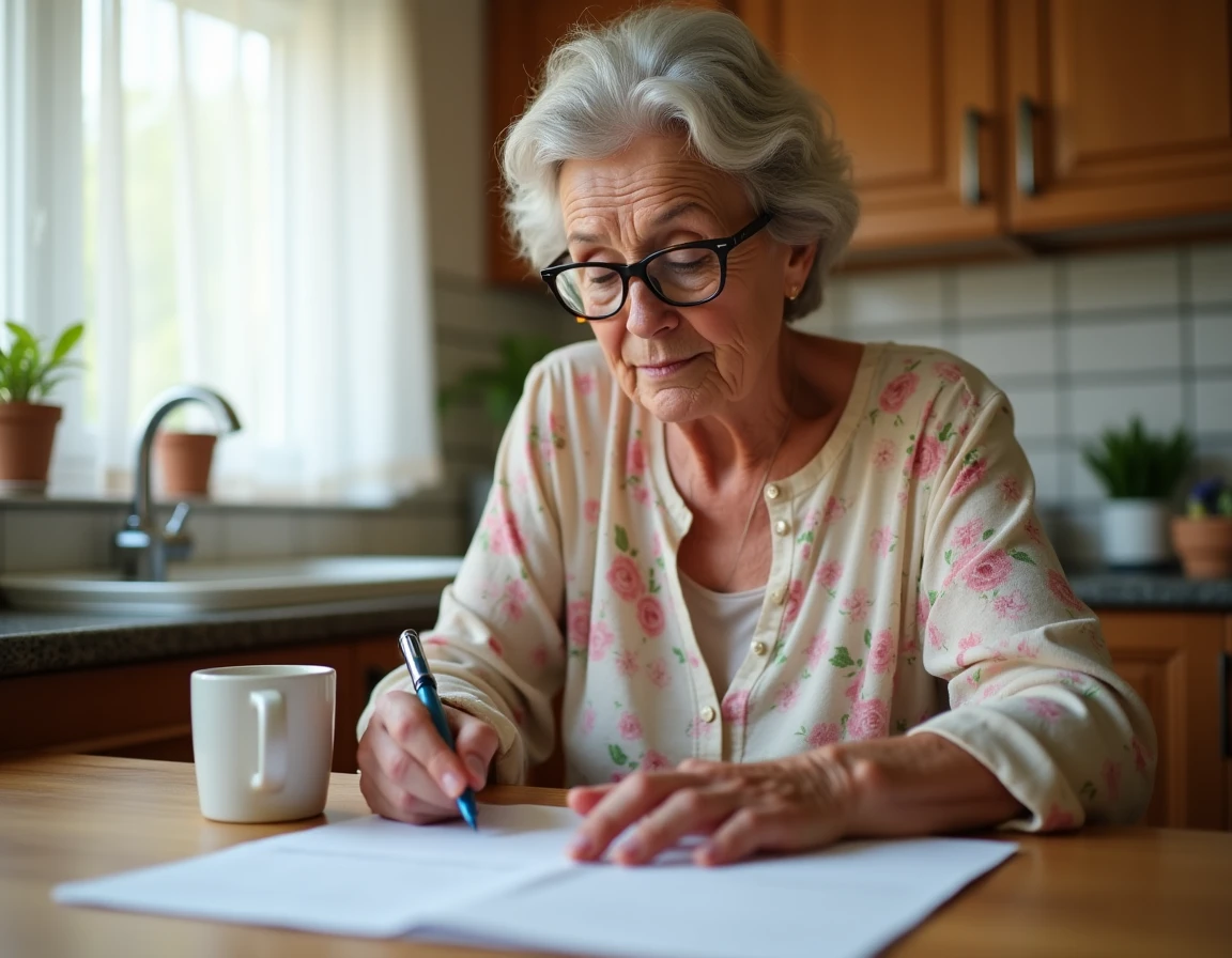 Femme senior remplissant un formulaire d'évaluation de son autonomie à la table de sa cuisine