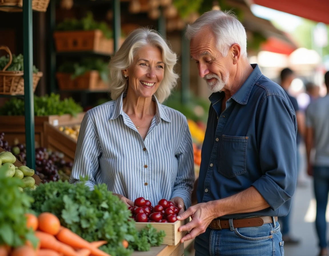 Couple de seniors choisissant des fruits et légumes frais sur un marché local