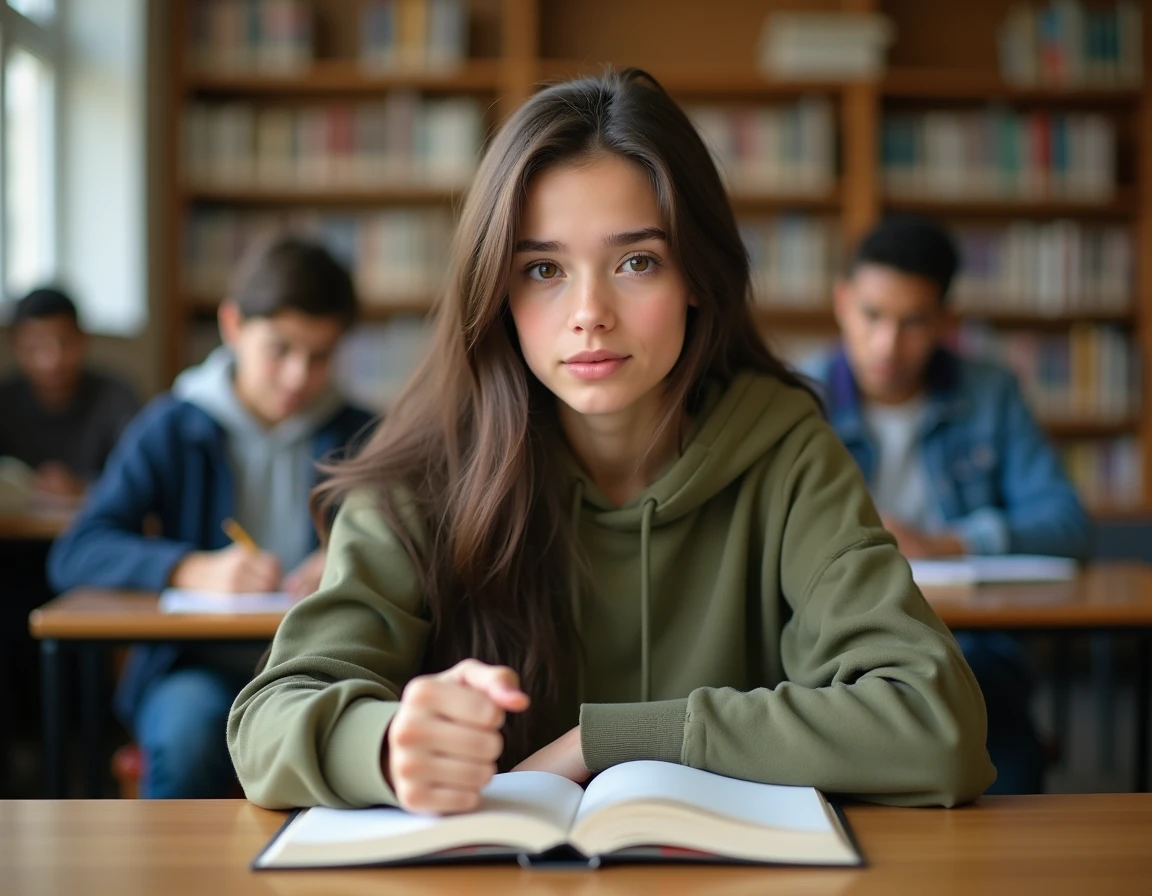 Adolescente dans une bibliothèque scolaire faisant le signe de détresse silencieux avec le pouce replié sous les doigts pour signaler un danger sans alerter son entourage