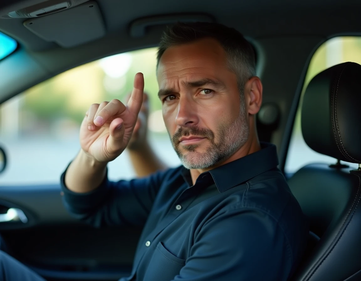 Homme en voiture effectuant discrètement le signal de danger avec la main repliée sur le pouce, geste universel de détresse utilisé pour alerter en silence