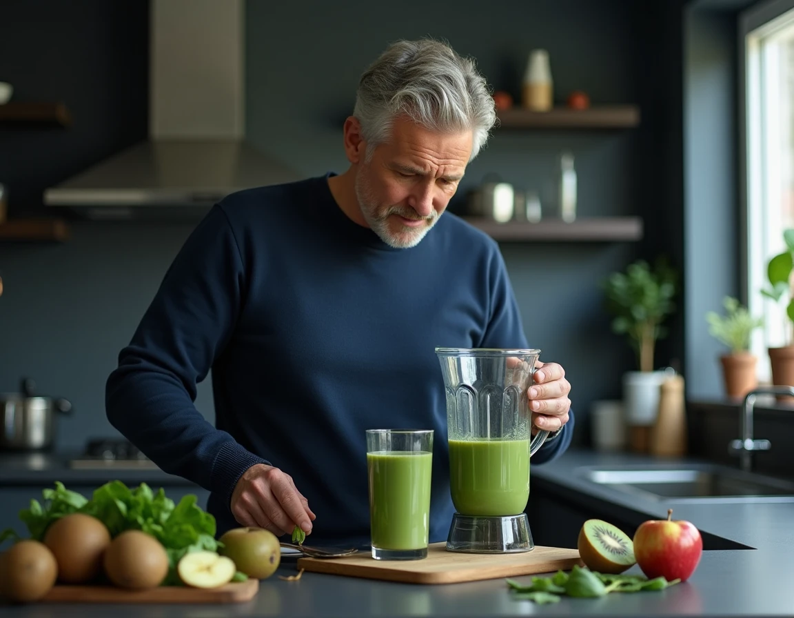 Homme préparant un smoothie vert aux fruits et légumes pour favoriser le transit intestinal