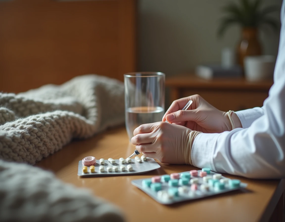 Mains d'un soignant préparant une seringue de médicament palliatif au chevet d'un patient à domicile