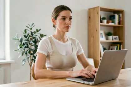 Femme portant un soutien-gorge de posture Percko sous un t-shirt blanc, assise droite à un bureau en bois dans un bureau à domicile scandinave