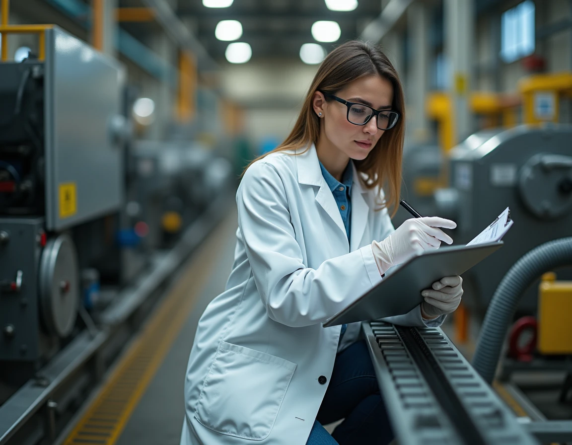 Spécialiste en santé au travail inspectant des risques professionnels sur un équipement industriel avec une fiche d'évaluation
