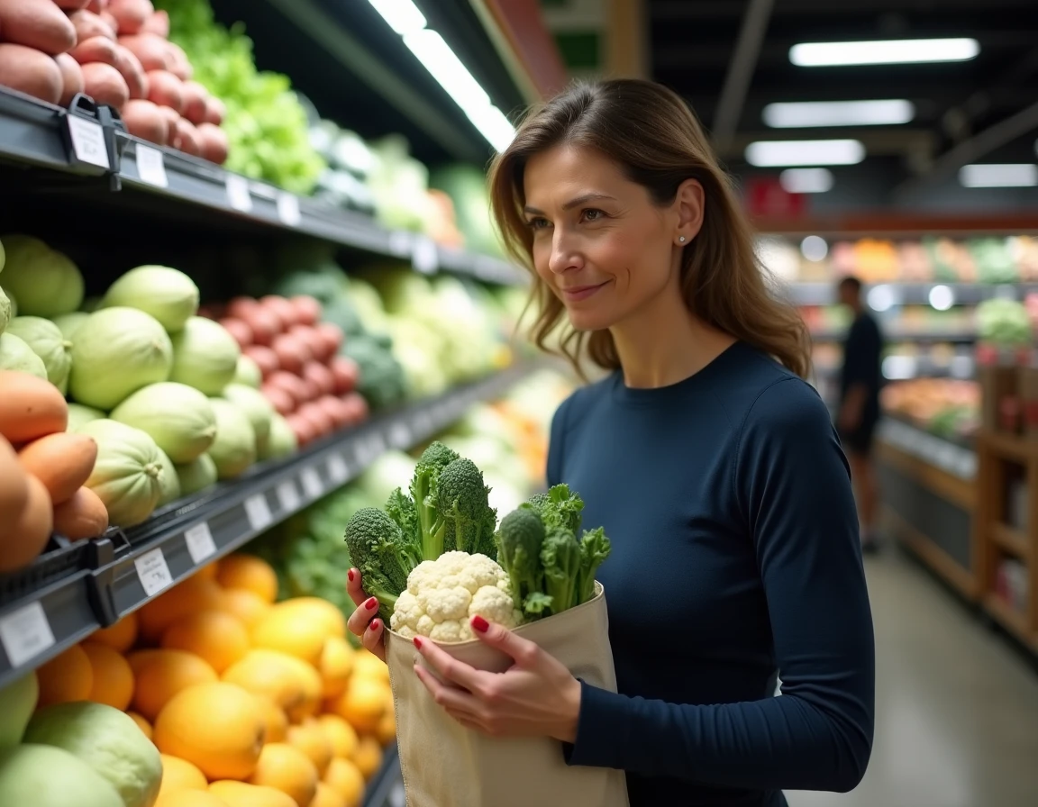 Femme choisissant du chou-fleur et des légumes comme substituts au pain au supermarché pour perdre du poids
