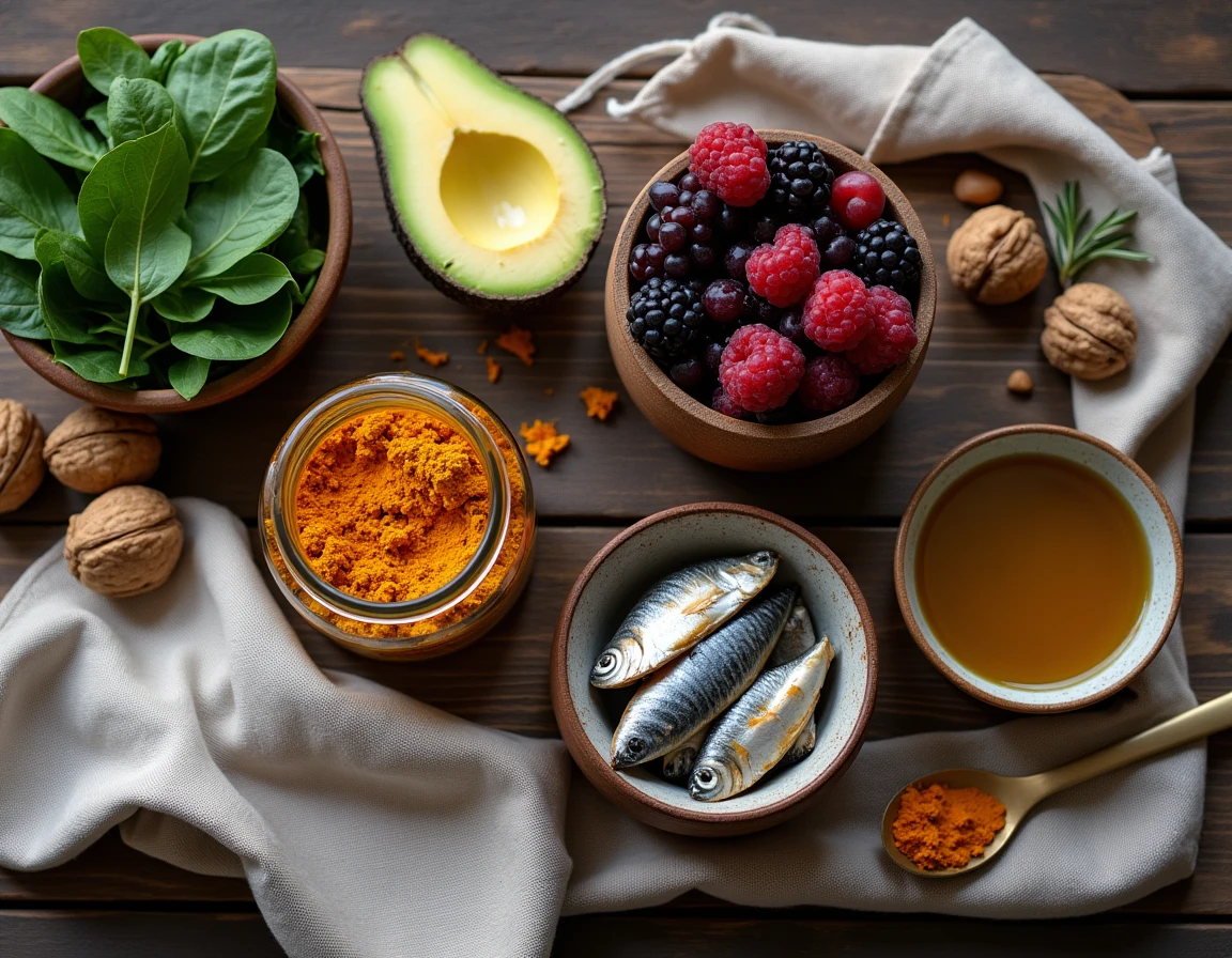 Flat lay de superaliments recommandés pour une alimentation saine après 60 ans