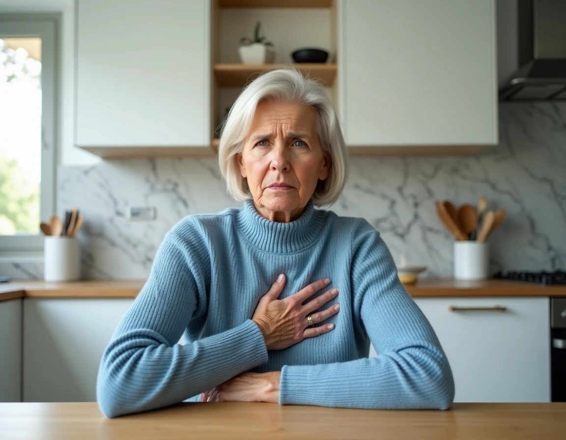 Femme d'âge moyen dans une cuisine moderne ressentant une douleur thoracique et une gêne au bras gauche, symptôme courant de l'ischémie cardiaque