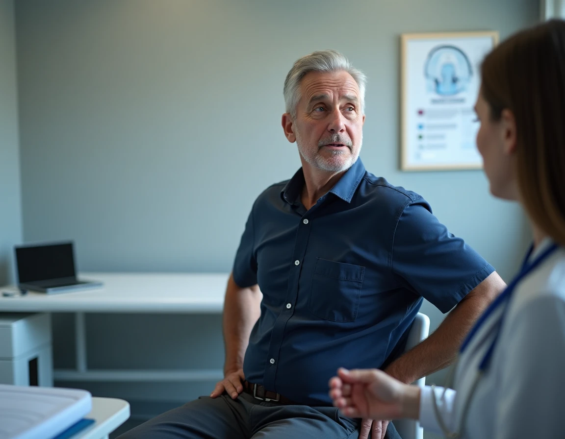 Patient en consultation médicale se tenant le dos, symbolisant les douleurs chroniques et la prise en charge médicale