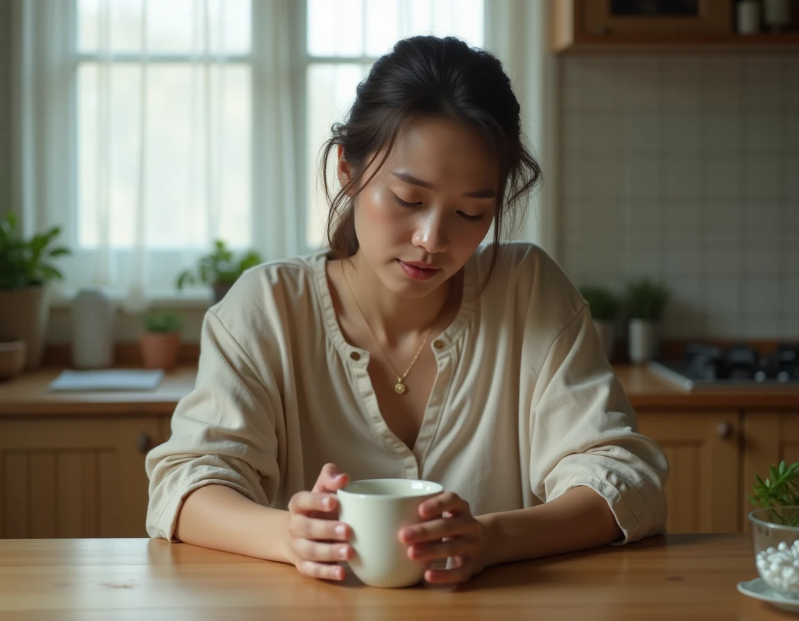 Jeune femme fatiguée tenant une tasse de tisane dans sa cuisine, évoquant les symptômes quotidiens d'une maladie chronique