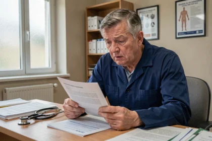 Travailleur en consultation médicale du travail examinant des documents liés au tableau 57 maladie professionnelle dos