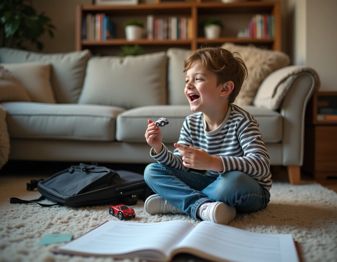 Enfant distrait et agité faisant ses devoirs sur le tapis du salon, illustrant le TDAH de type combiné