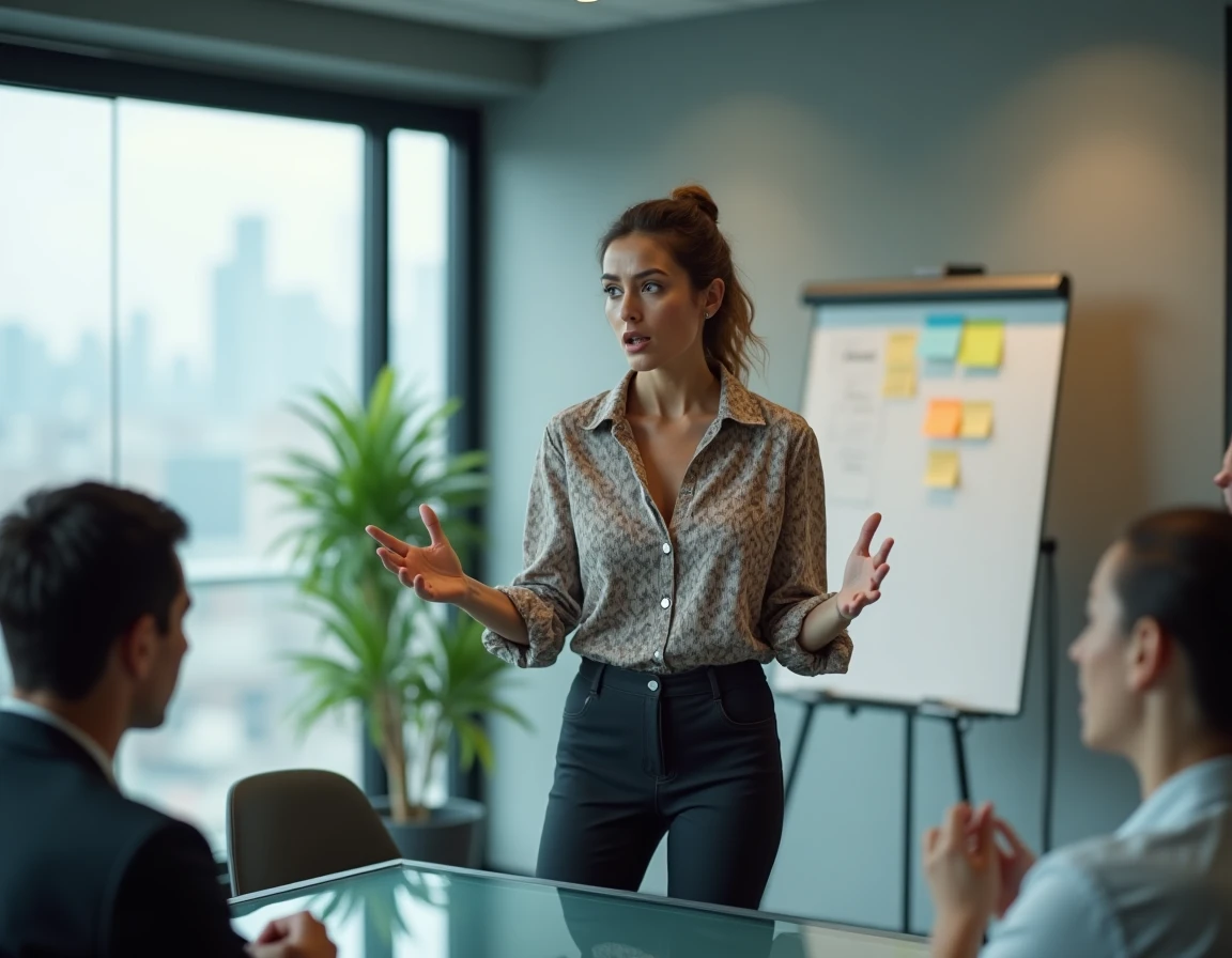 Femme impulsive interrompant une réunion au bureau, illustrant le TDAH de type hyperactif-impulsif