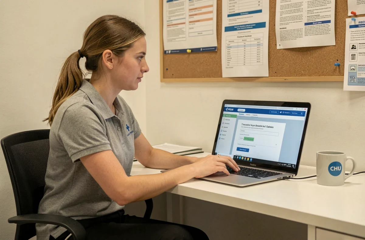 Technicienne informatique du CHU aidant un agent à se connecter à l'espace messagerie depuis un service différent