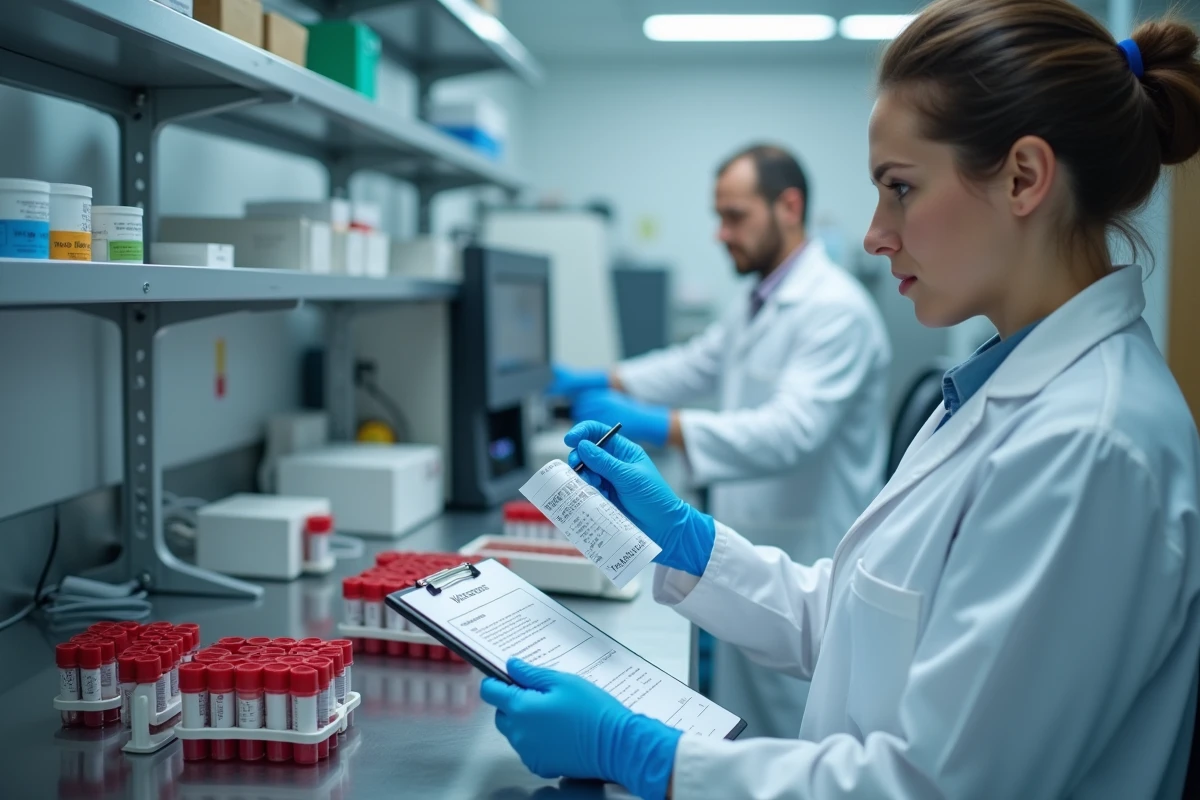 Technicienne de laboratoire analysant des échantillons sanguins pour le dosage du marqueur tumoral CA 19-9