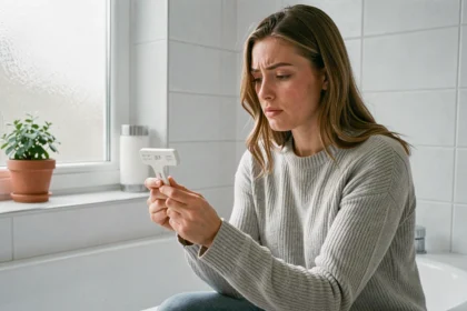 Femme tenant un test de grossesse négatif assise au bord de la baignoire avec une expression pensive