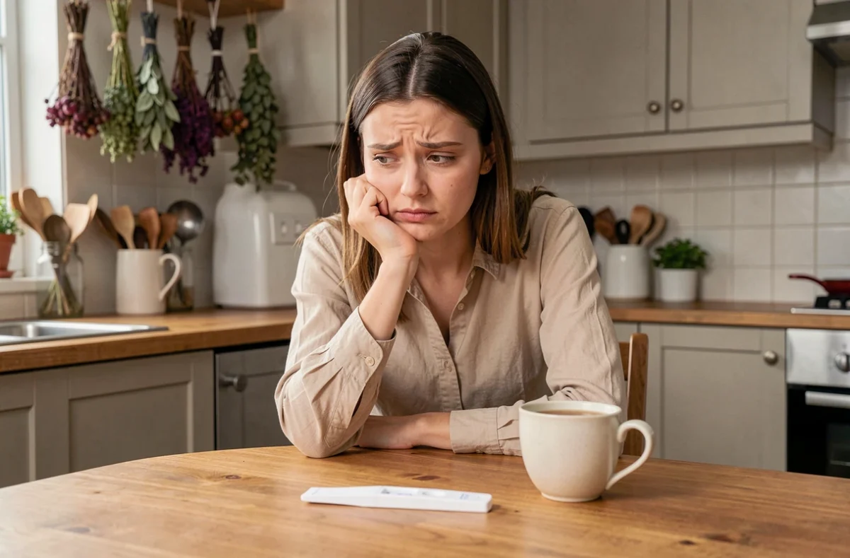 Jeune femme inquiète devant un test de grossesse négatif posé sur une table de cuisine