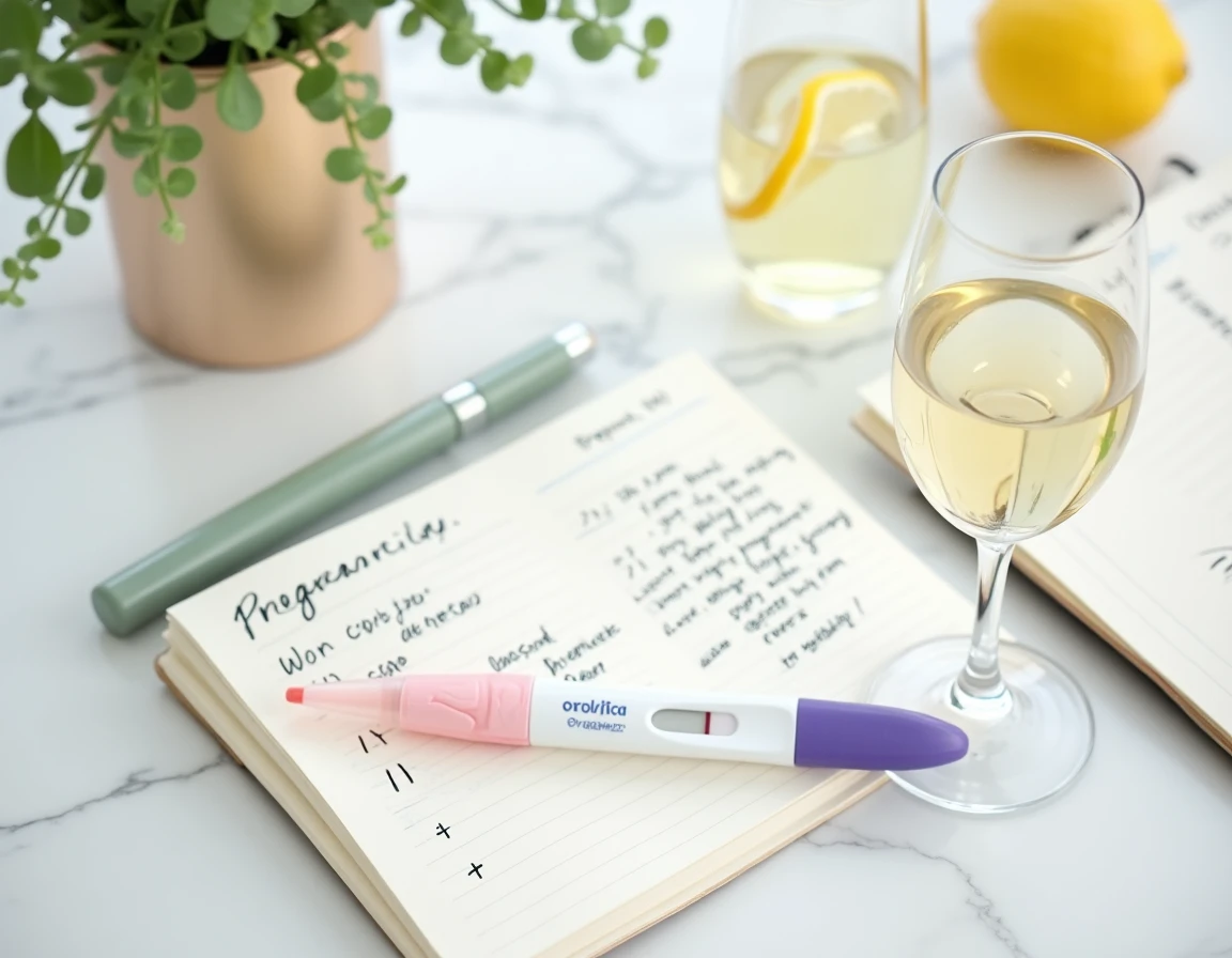 Vue de dessus d'un plan de travail avec un test de grossesse positif, un verre de vin écarté et un verre d'eau, symbolisant le choix de ne pas consommer d'alcool pendant la grossesse