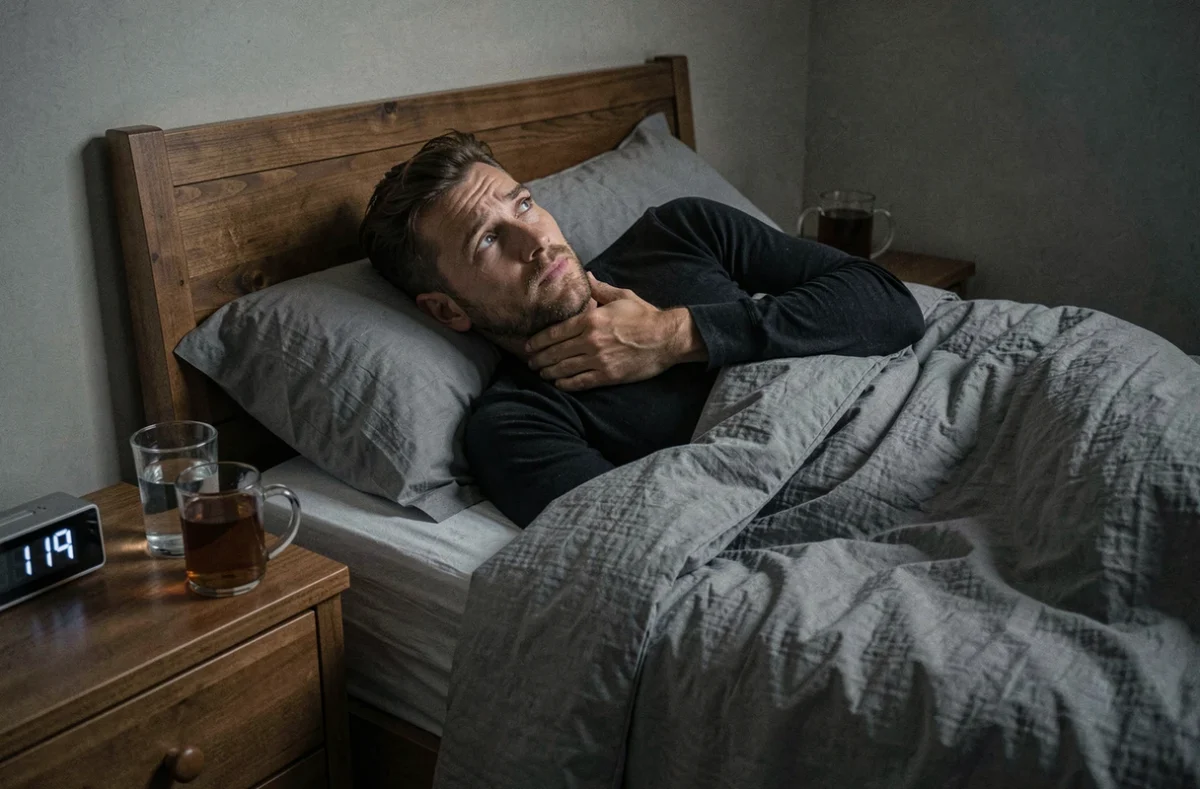 Homme réveillé en pleine nuit à cause d'une toux avec horloge et tisane sur la table de chevet