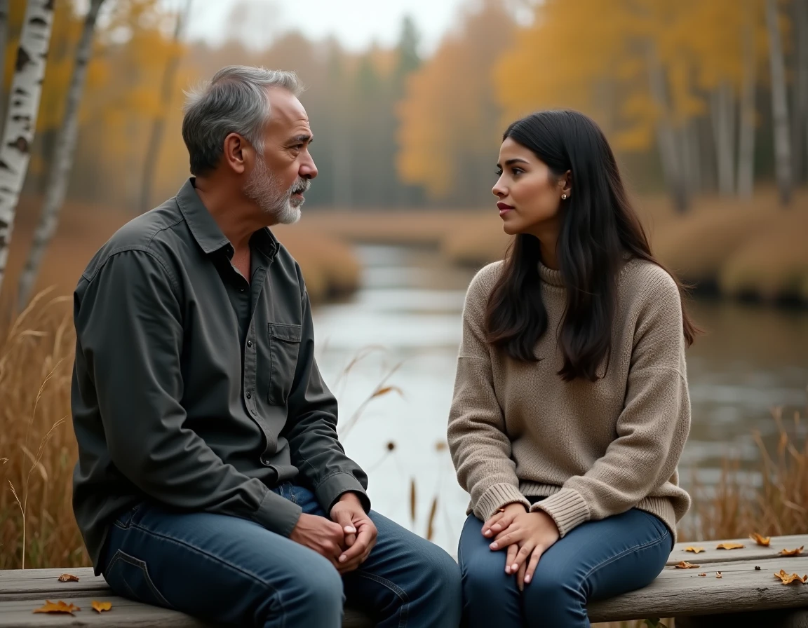 Père et fille de descendance autochtone échangeant un témoignage douloureux au bord d'une rivière, illustrant la transmission intergénérationnelle du traumatisme