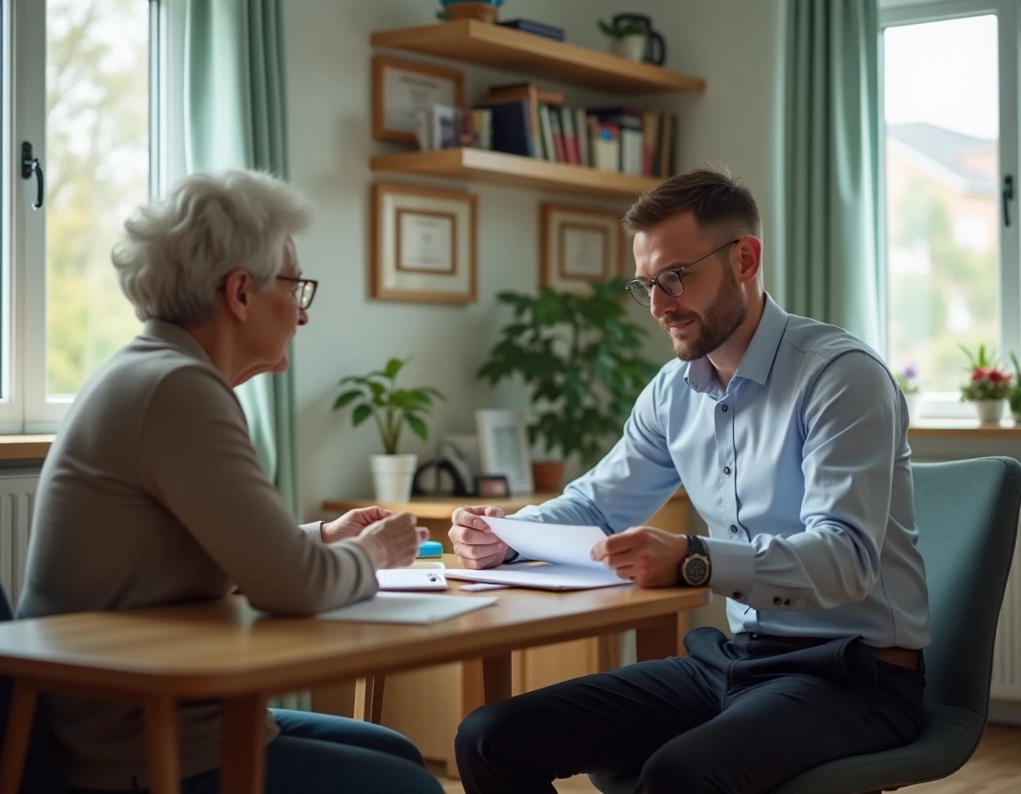 Travailleur social et personne âgée dans un bureau d'établissement médico-social discutant des droits liés à la loi Ségur