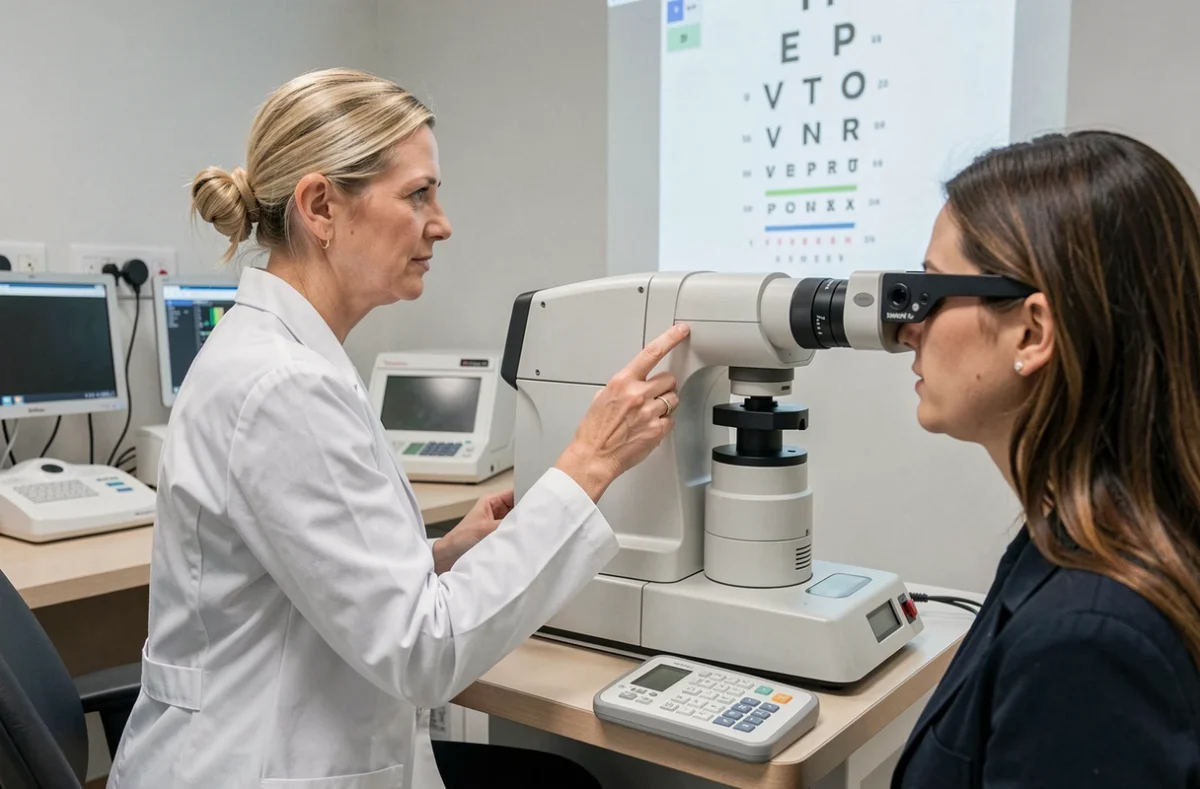 L'ophtalmologue Valérie Zimmerle réalisant un test d'acuité visuelle avec un patient dans son cabinet ophtalmologique à Marseille