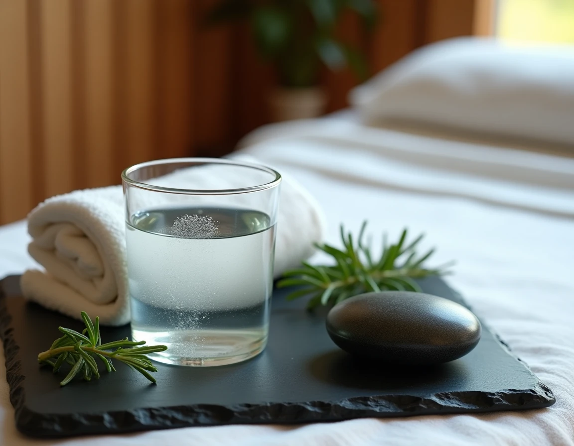 Verre d'eau avec serviette et pierre de massage posés sur un plateau en ardoise après un soin