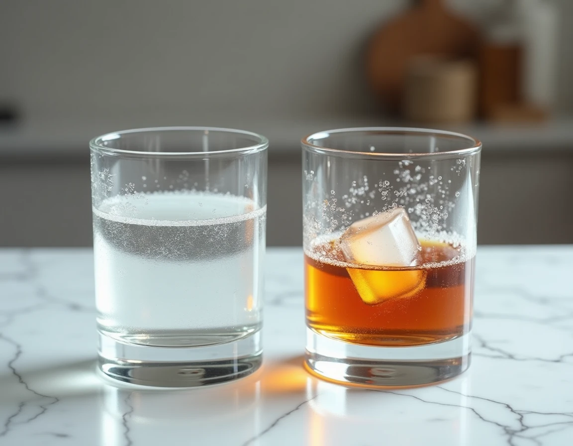 Verre d'eau et verre de whisky posés côte à côte sur un comptoir en marbre, symbolisant la question de l'eau pour faire descendre l'alcool