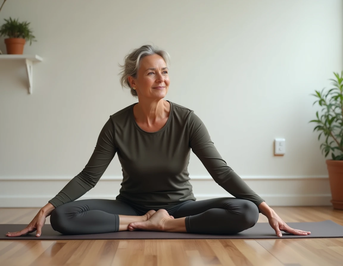 Femme pratiquant le yoga doux à domicile pour soulager la douleur chronique, routine de bien-être et gestion de la douleur